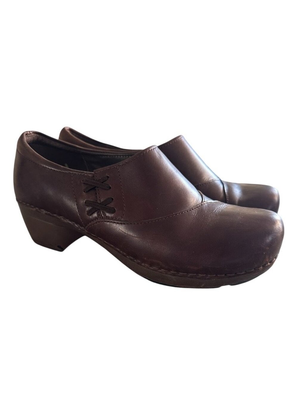 DANSKO Stacie Brown Leather Clogs Mules Cross Stitch Comfort Shoes EU 39 US 9
